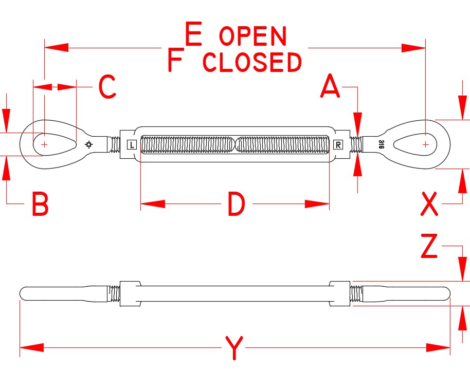316 Stainless Steel Forged Eye-to-Eye Turnbuckles dimensional drawing