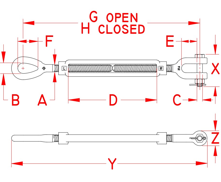 316 Stainless Steel Forged Jaw-to-Eye Turnbuckles dimensional drawing