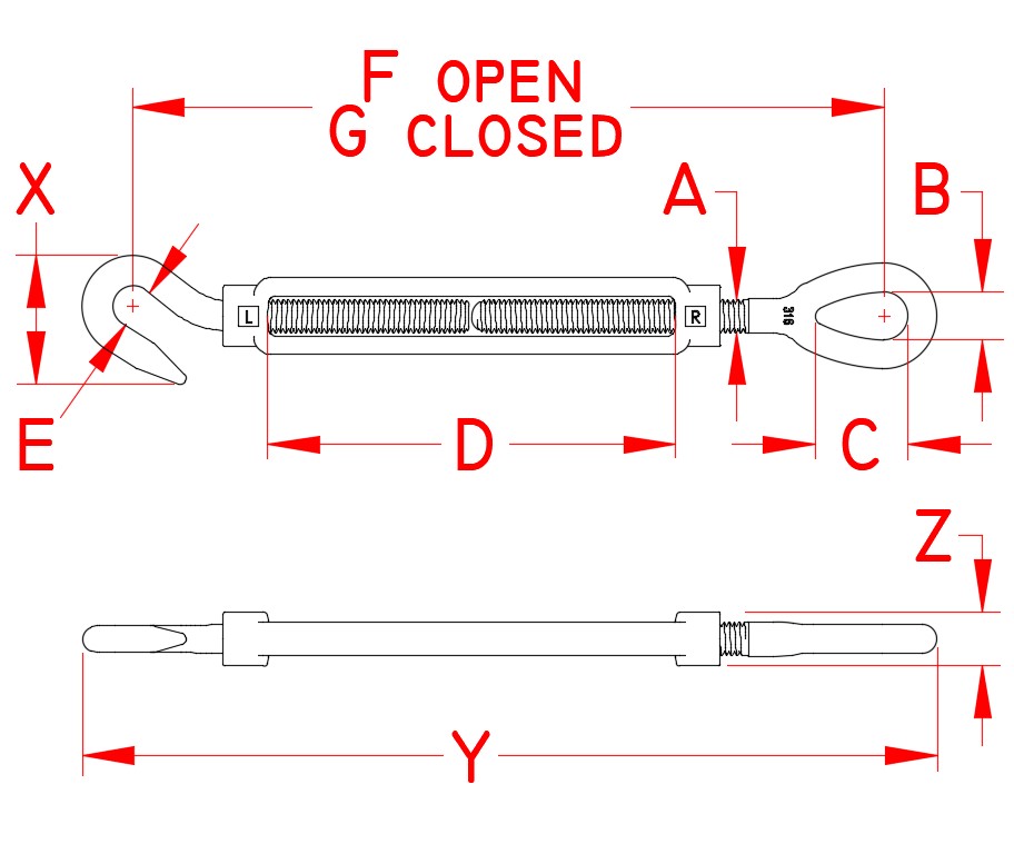316 Stainless Steel Forged Hook-to-Eye Turnbuckles dimensional drawing