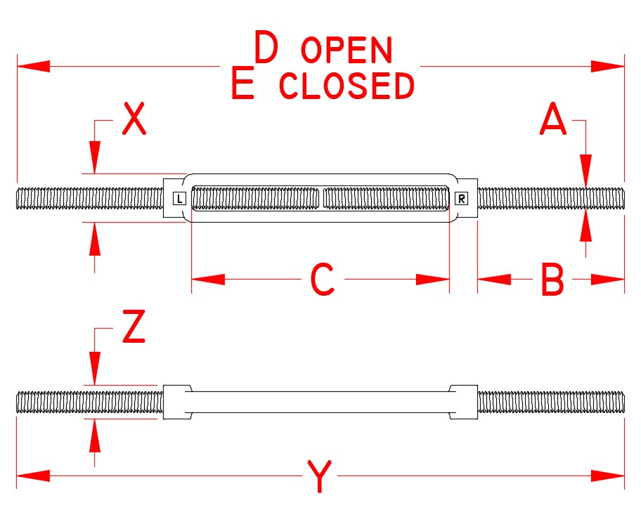 316 Stainless Steel Fully Threaded Turnbuckles dimensional drawing