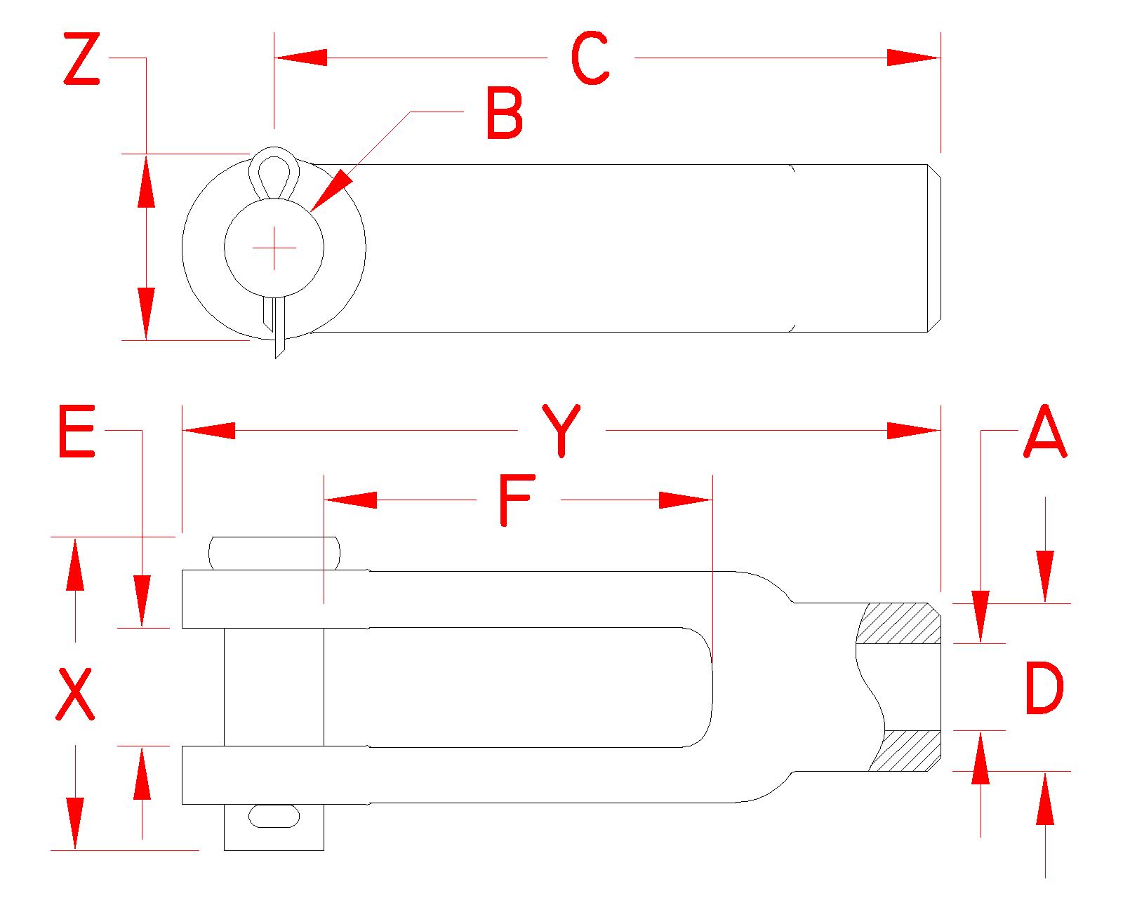 316 Stainless Steel Unthreaded Yoke Ends with Pins dimensional drawing