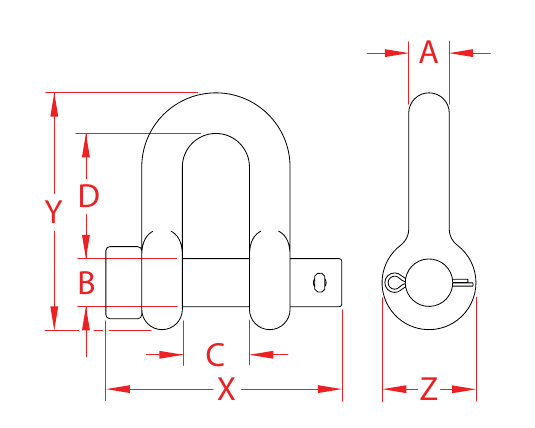 Made-in-USA Stainless Steel Round-Pin Chain Shackles dimensional drawing