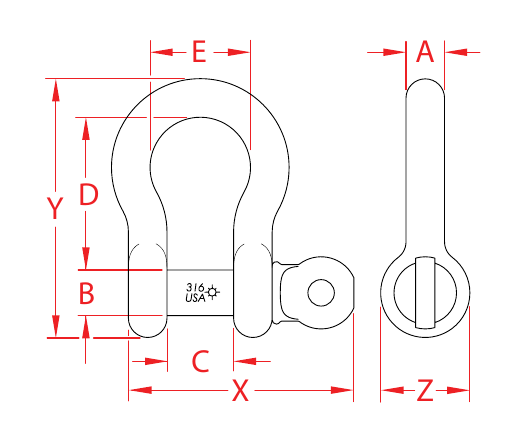 Made-in-USA Federal-Spec Stainless Steel Anchor Shackles dimensional drawing