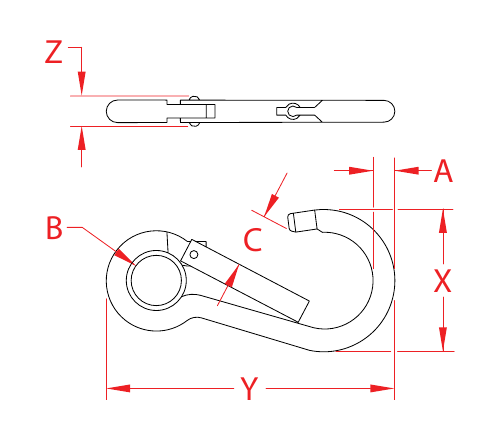 316 Stainless Steel Keyed Spring Clips with Eyes dimensional drawing