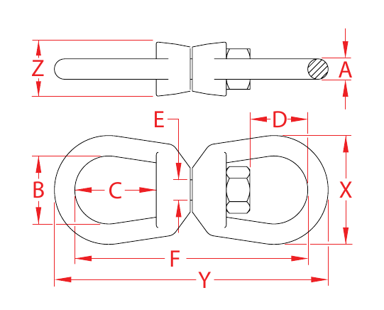 316 Stainless Steel Federal-Specification Forged Eye-to-Eye Swivels dimensional drawing