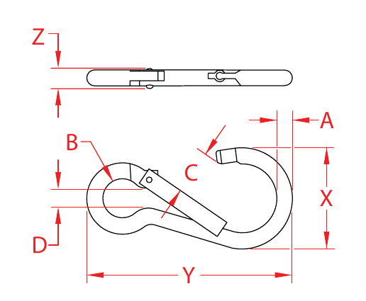 316 Stainless Steel Special-Gate Spring Clips without Eyelets dimensional drawing