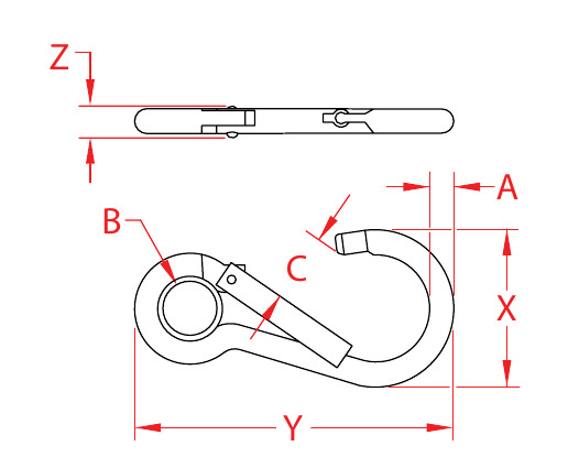 316 Stainless Steel Special-Gate Spring Clips with Eyes dimensional drawing