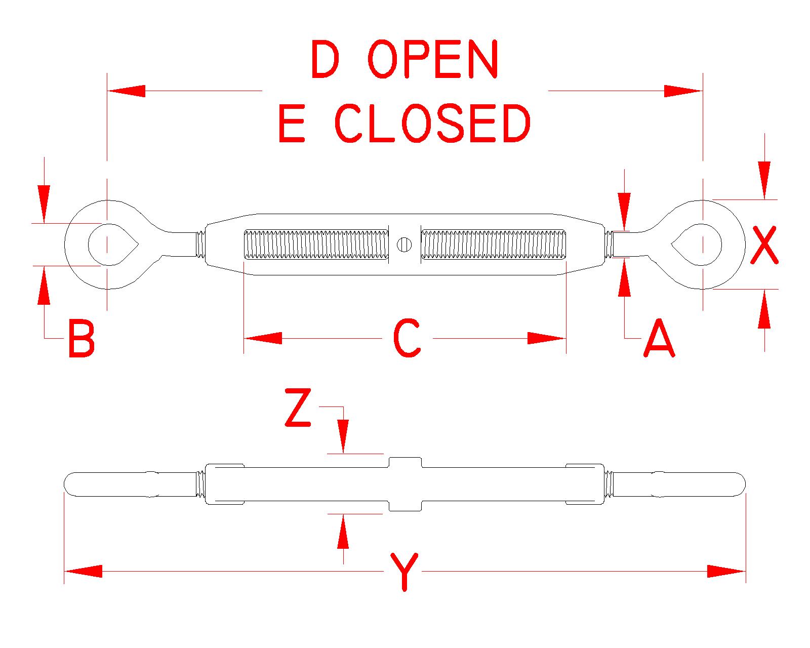 316 Stainless Steel Eye-to-Eye Turnbuckles dimensional drawing