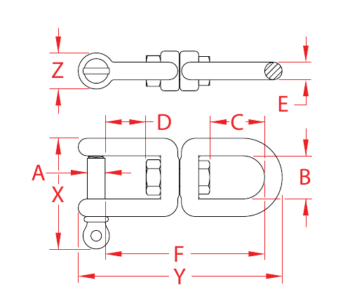 316 Stainless Steel Jaw-to-Eye Swivels dimensional drawing
