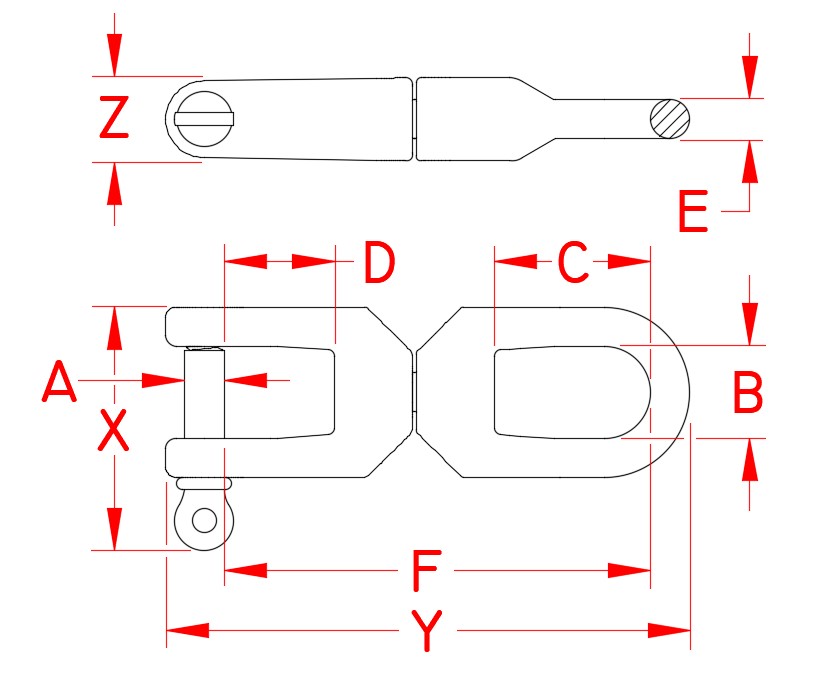 316 Stainless Steel Heavy-Duty Jaw-to-Eye Swivels dimensional drawing