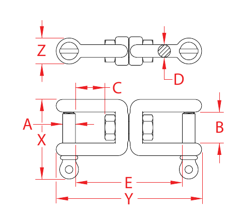 316 Stainless Steel Jaw-to-Jaw Swivels dimensional drawing