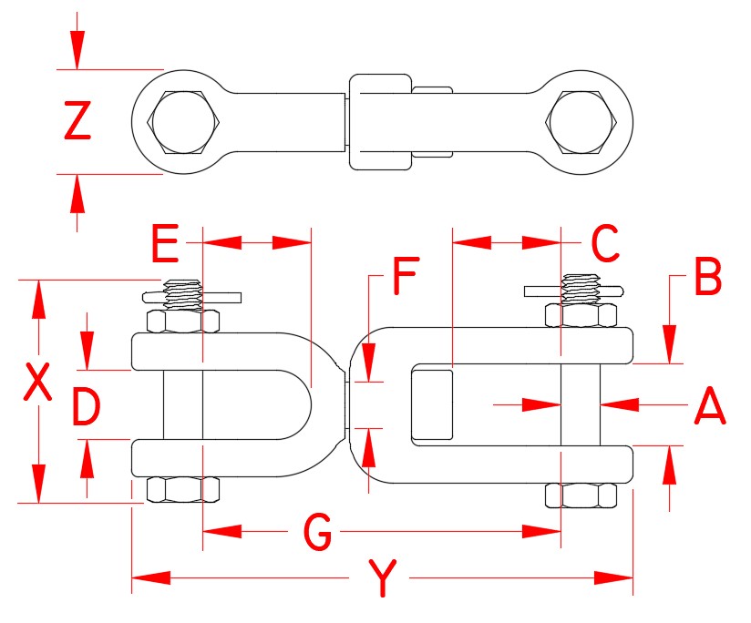 316 Stainless Steel Federal-Spec Forged Jaw-to-Jaw Swivels dimensional drawing