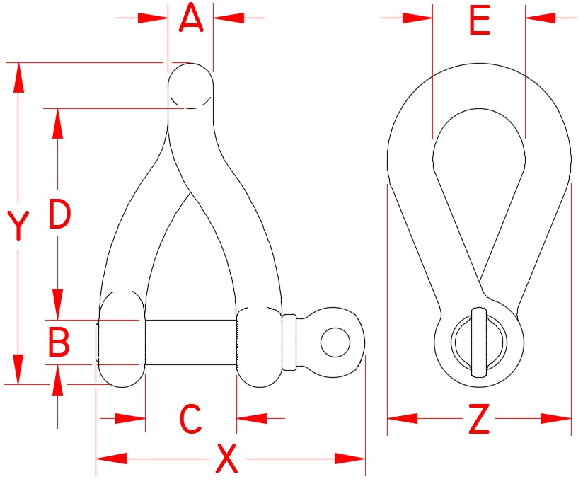 316 Stainless Steel Twist Shackles dimensional drawing