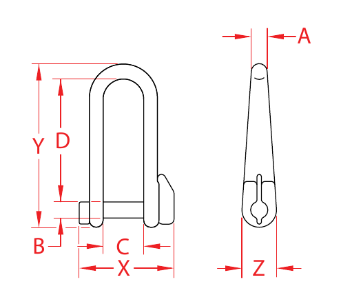 316 Stainless Steel Long Shackles with Key Pins dimensional drawing