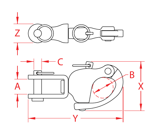 316 Stainless Steel Stamped-Jaw Snap Shackles dimensional drawing