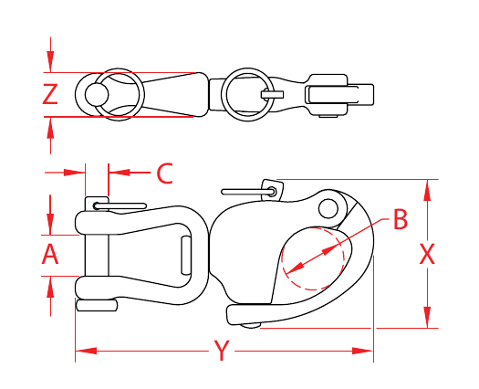 316 Stainless Steel Heavy-Duty Cast-Jaw Snap Shackles dimensional drawing