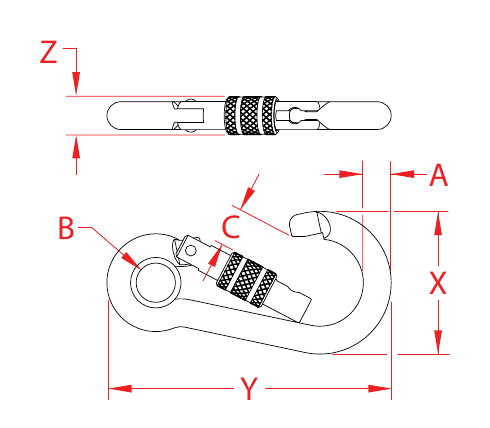 316 Stainless Steel Heavy-Duty Safety-Lock Clips dimensional drawing