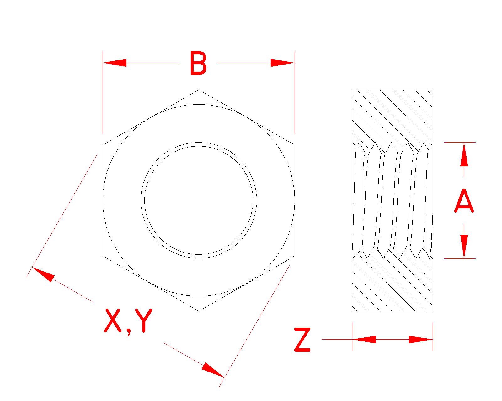316 Stainless Steel Left-Hand UNC Hex Nuts dimensional drawing