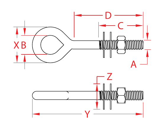316 Stainless Steel Welded Eye Bolts — X Series dimensional drawing