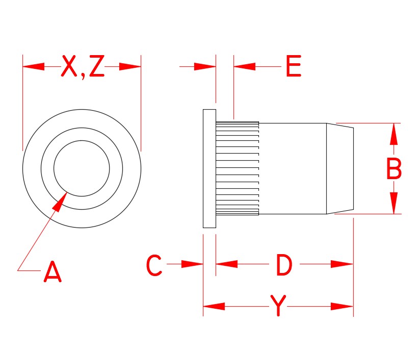 316 Stainless Steel Right-Hand UNC Rivet-Nut Inserts dimensional drawing