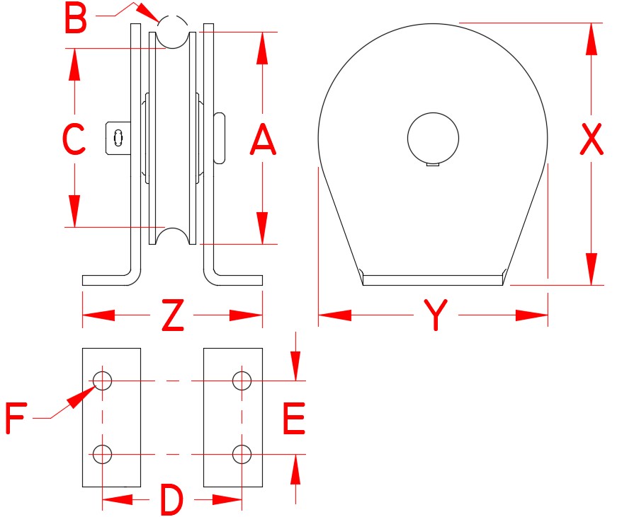 316 Stainless Steel Type L Surface-Mount Blocks — Rope dimensional drawing