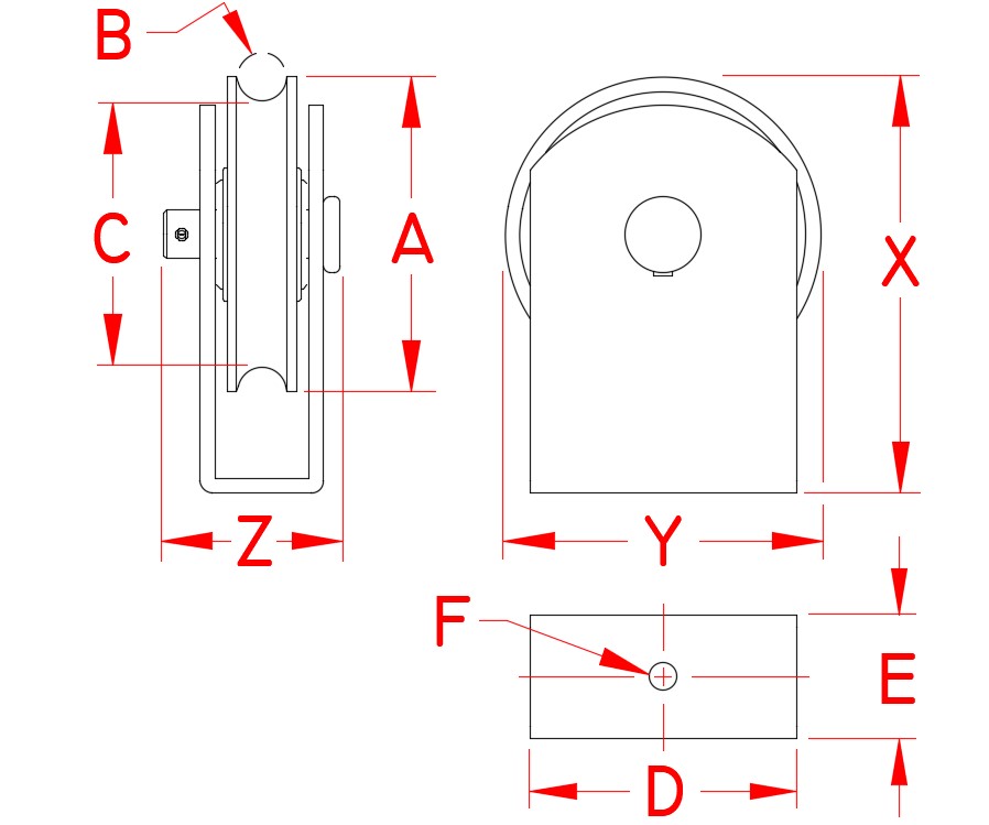 316 Stainless Steel Type U Surface-Mount Blocks — Rope dimensional drawing