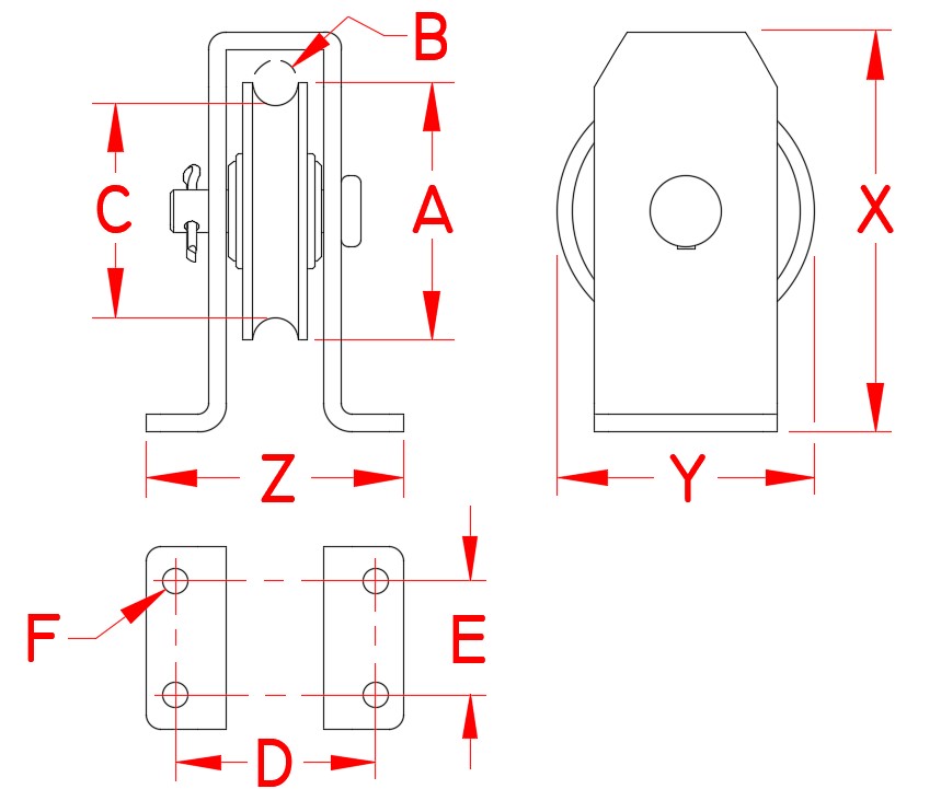 316 Stainless Steel Type A Surface-Mount Blocks — Rope dimensional drawing