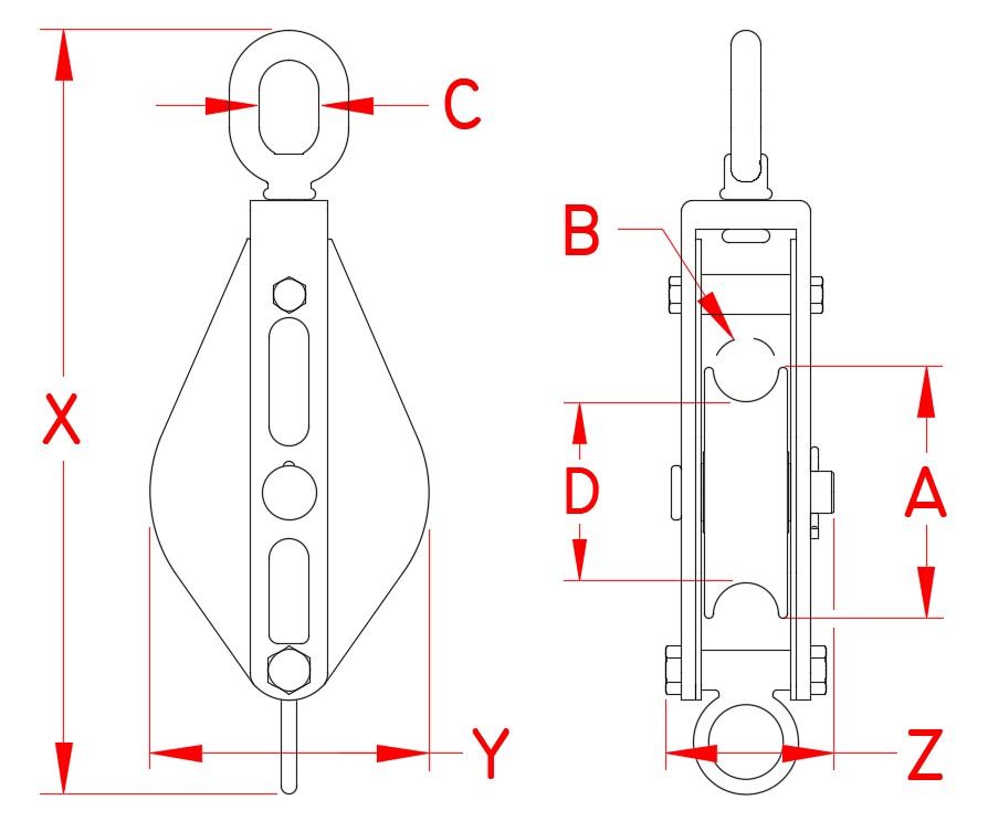 304 Stainless Steel Single Swivel-Eye Blocks — Rope dimensional drawing