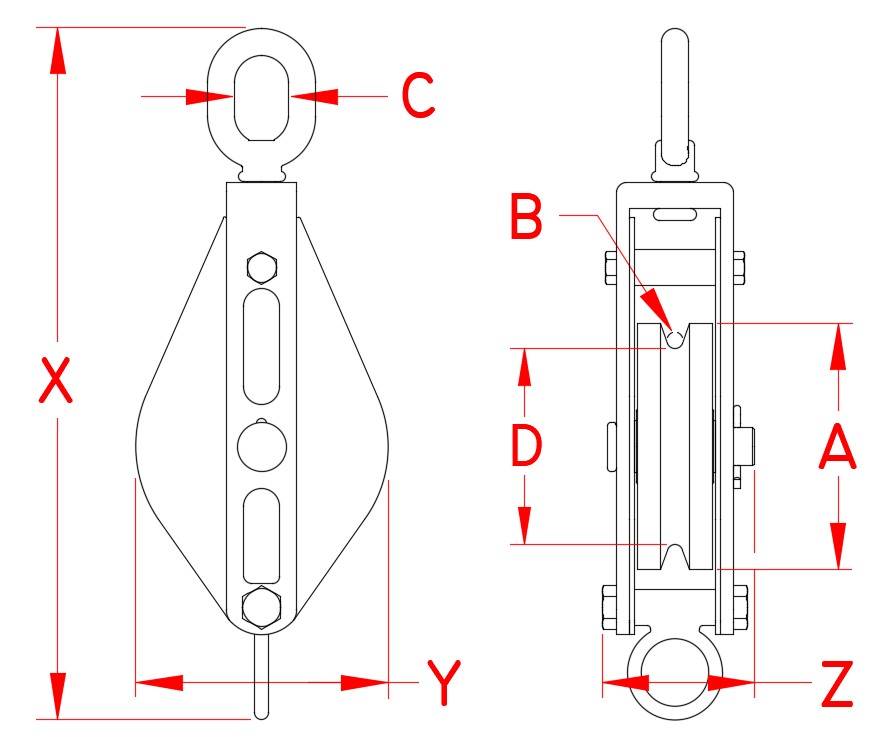 304 Stainless Steel Single Swivel-Eye Blocks — Wire dimensional drawing