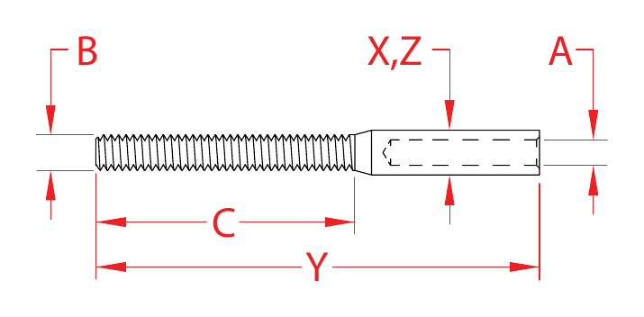 Stainless Steel Right-Hand UNC Rail Swage Studs dimensional drawing