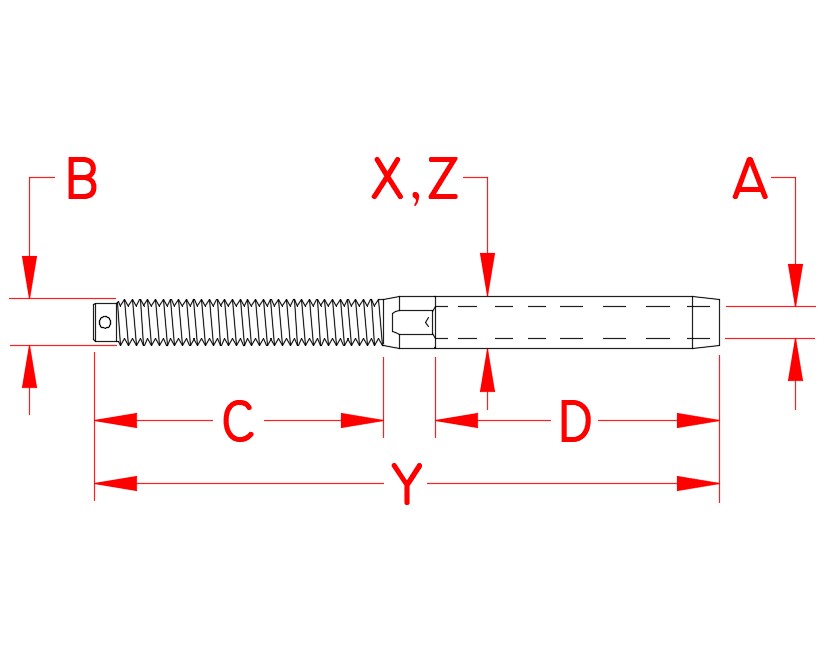 Stainless Steel Left-Hand UNF Swage Studs dimensional drawing