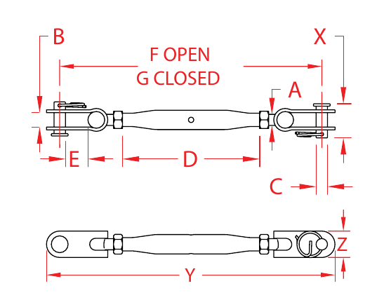 Stainless Steel Toggle-to-Toggle Turnbuckles dimensional drawing