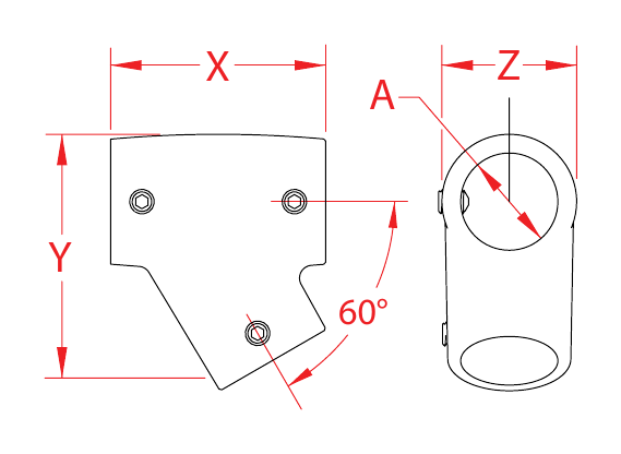 Stainless Steel Right-Hand Tee Rail Fittings dimensional drawing
