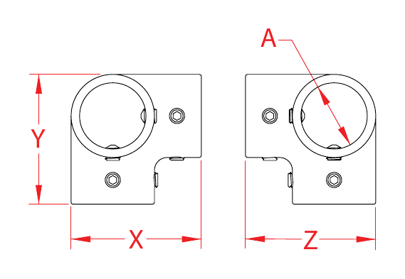 Stainless Steel Three-Way Rail Corners dimensional drawing