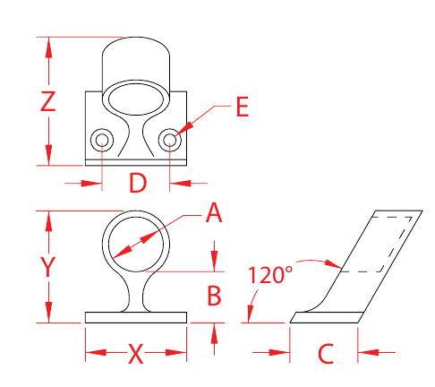 Stainless Steel 120-Degree End Rail Fittings dimensional drawing
