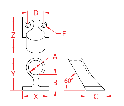 Stainless Steel 60-Degree End Rail Fittings dimensional drawing