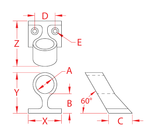Stainless Steel 60-Degree Center Rail Fittings dimensional drawing