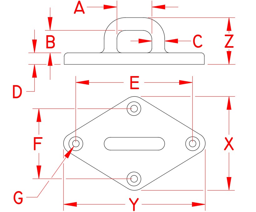 Stainless Steel Diamond Pad Eyes dimensional drawing