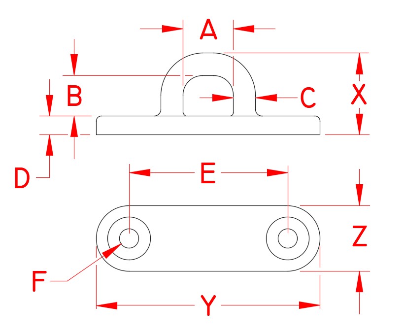 Stainless Steel Heavy-Duty Oblong Pad Eyes dimensional drawing